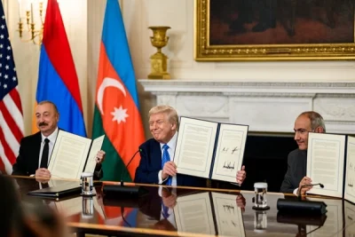 reference: https://en.wikipedia.org/wiki/Armenia%E2%80%93Azerbaijan_peace_agreement#/media/File:P20250808DT-1377_President_Donald_Trump_signs_a_trilateral_joint_declaration_with_President_Ilham_Aliyev_of_Azerbaijan_and_Prime_Minister_Nikol_Pashinyan_of_Armenia.jpg